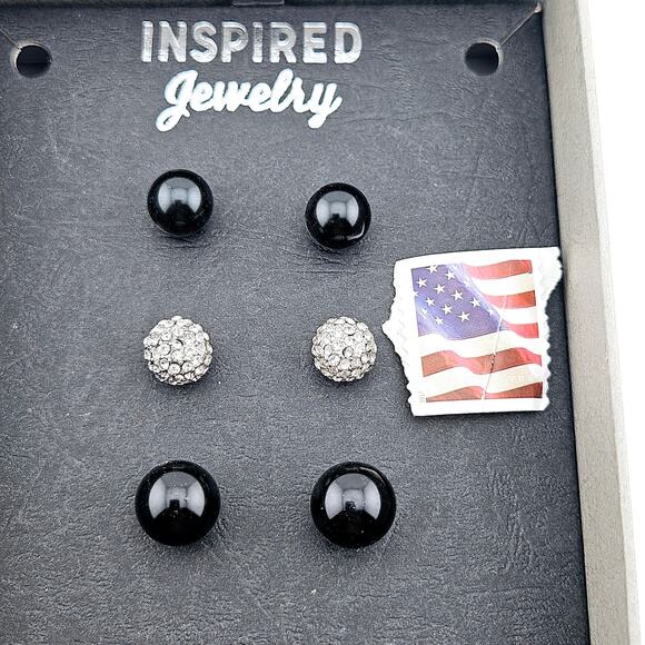 3 Pack Stud Earrings Black & Silver Post Casual Basic Everyday Minimalist Set - Picture 4 of 4